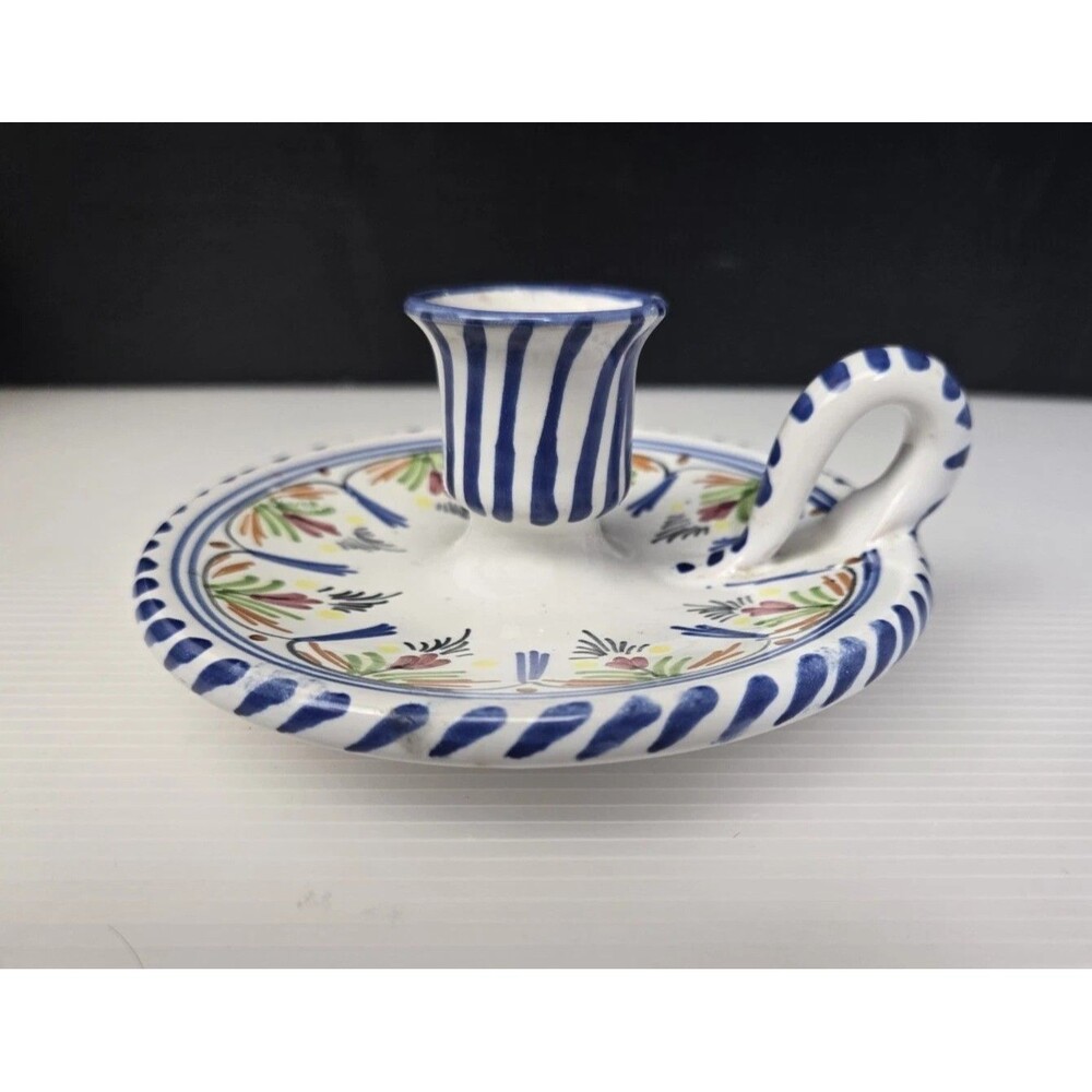 Vintage Seville Pottery Chamber Candle Holder Finger Loop Hand Painted Floral